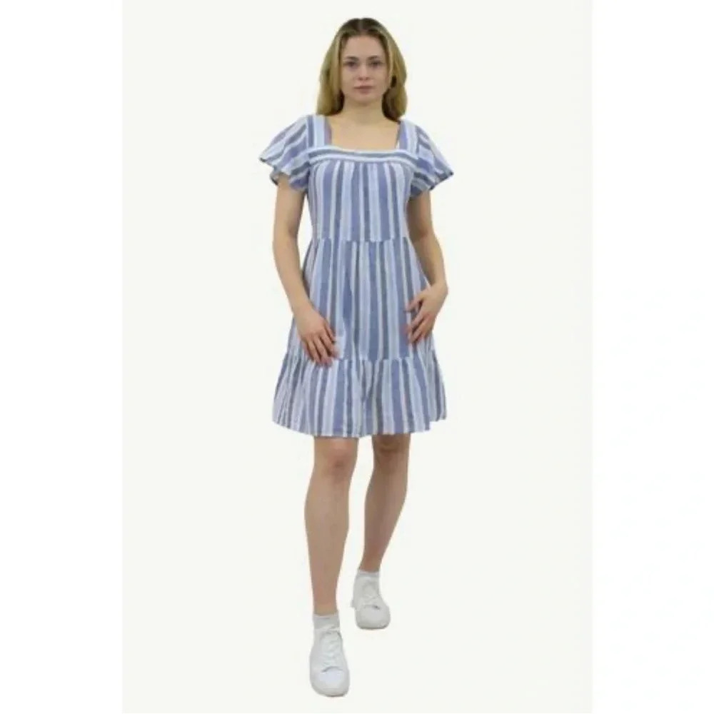 BeachLunchLounge Blue White Striped Linen Blend Tiered Short Sleeve Sundress